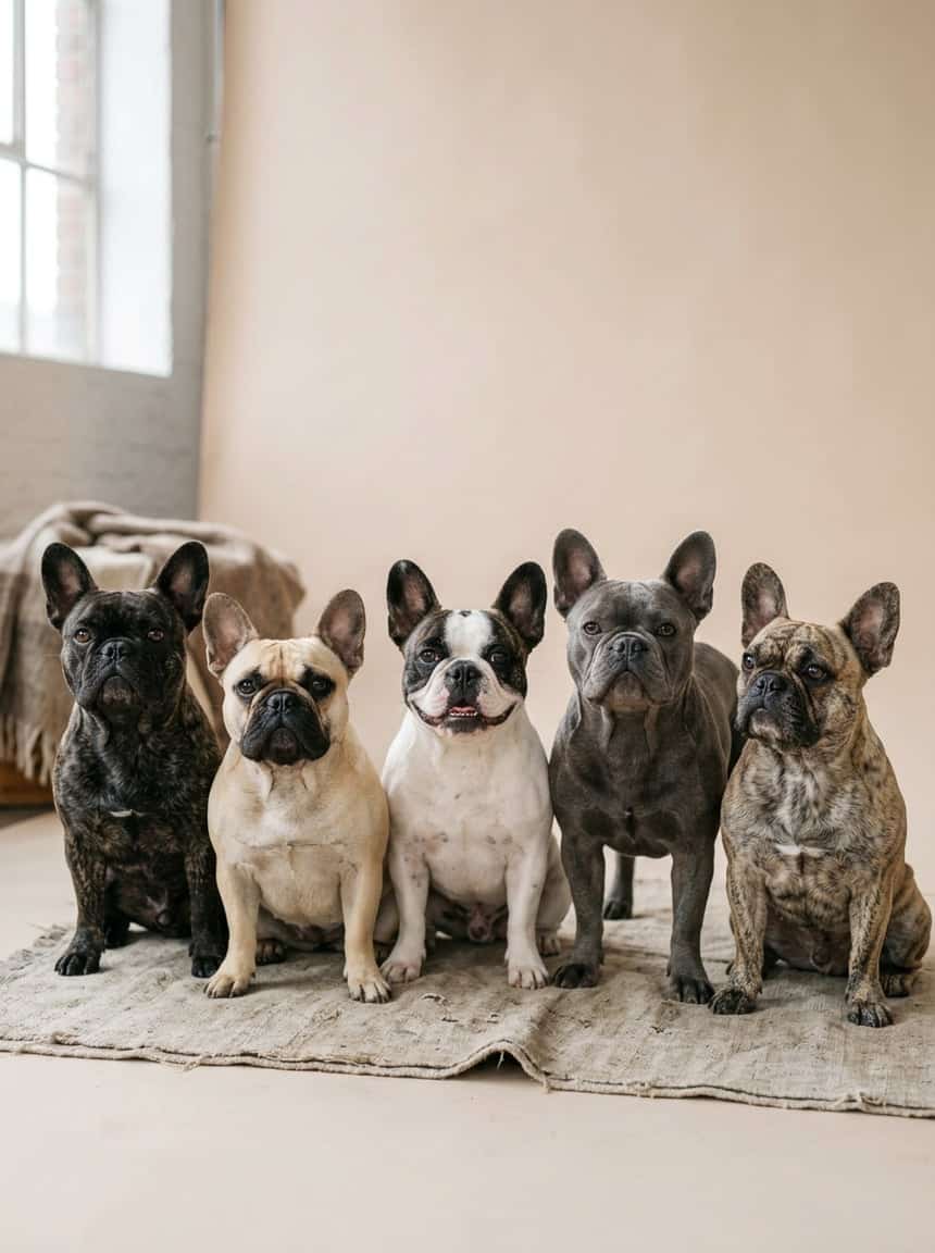 French Bulldog Colors & Genetics: The Complete Guide to Every Coat, Pattern, and Rarity 17 Several French Bulldogs with different coat colors and patterns sitting together against a plain background.