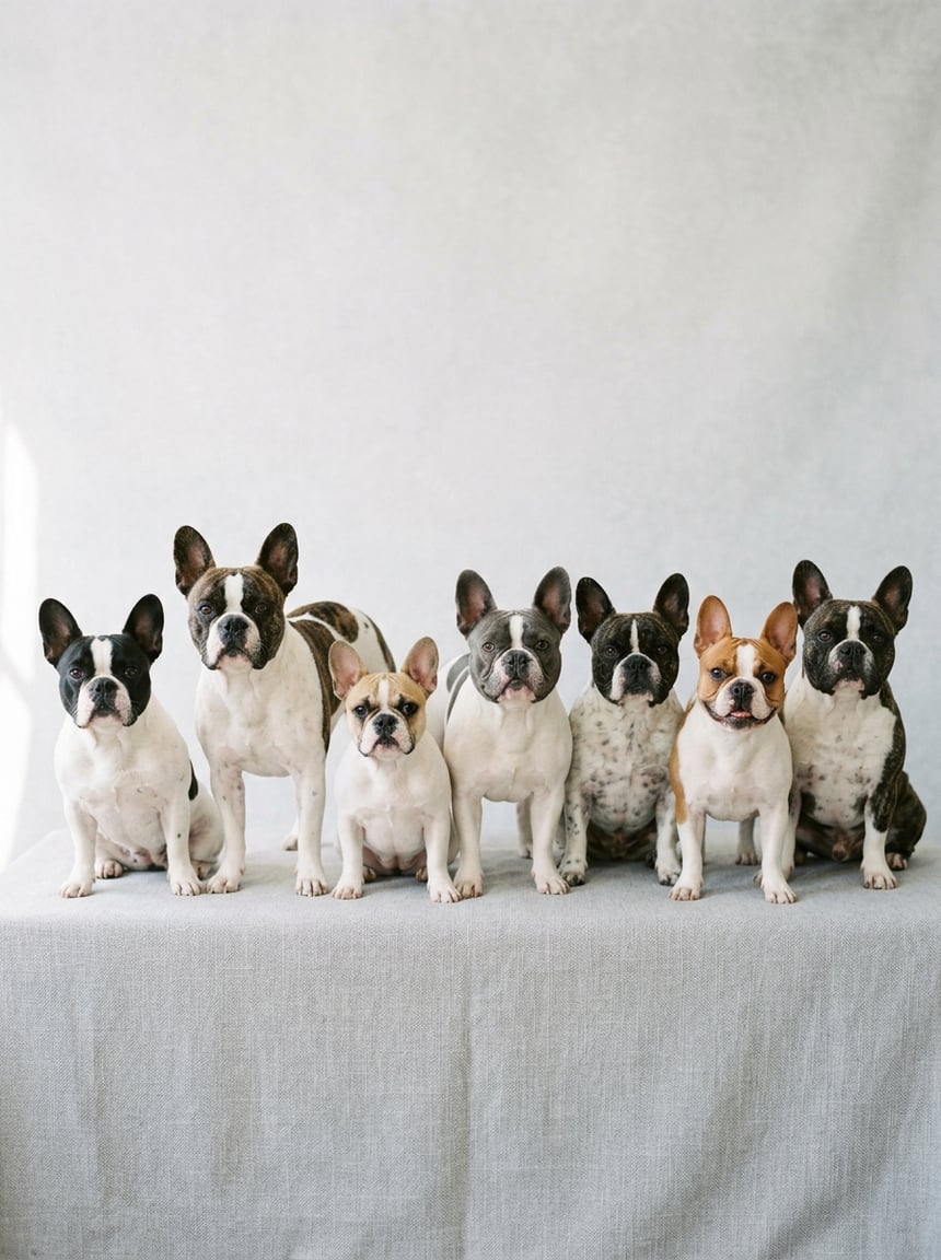French Bulldog Colors & Genetics: The Complete Guide to Every Coat, Pattern, and Rarity 18 Several French Bulldogs with different pied coat color patterns sitting and standing on a plain background.