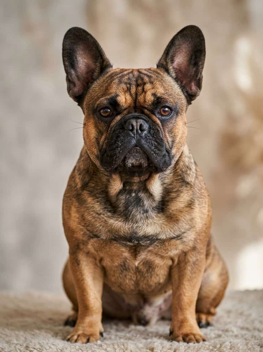 French Bulldog Colors & Genetics: The Complete Guide to Every Coat, Pattern, and Rarity 19 A close-up of a French Bulldog with a sable-colored coat sitting calmly against a neutral background.