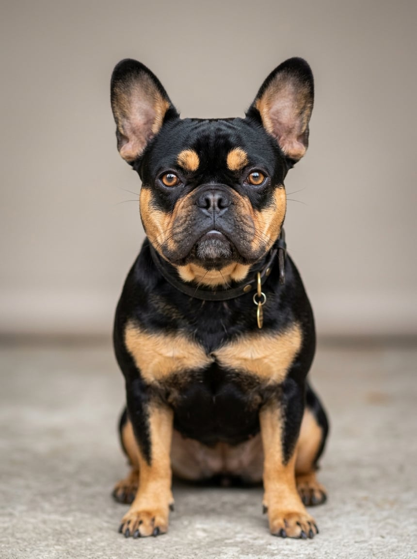 French Bulldog Colors & Genetics: The Complete Guide to Every Coat, Pattern, and Rarity 20 A French Bulldog with tan points on its coat sitting against a plain background.