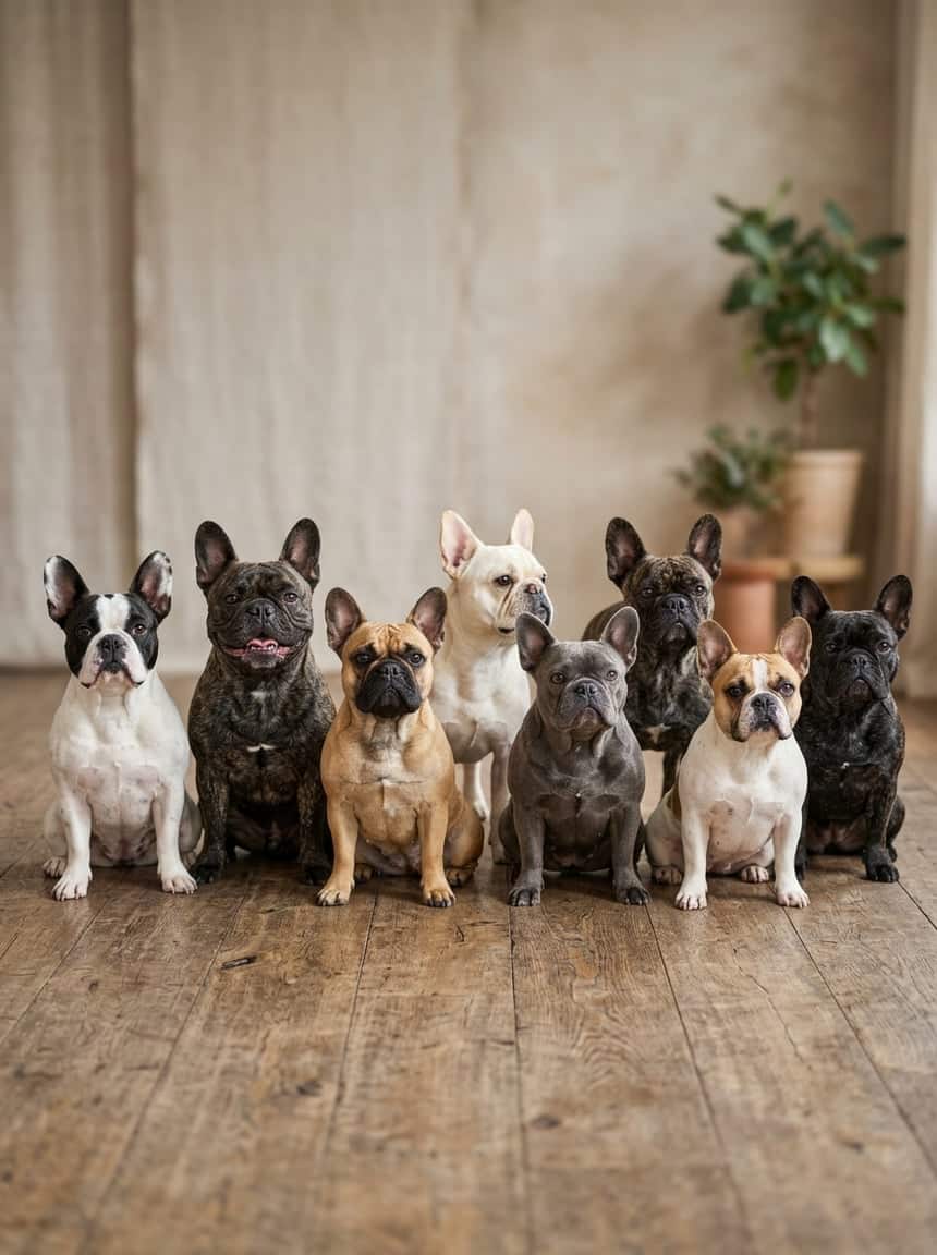 French Bulldog Colors & Genetics: The Complete Guide to Every Coat, Pattern, and Rarity 21 Several French Bulldogs of different coat colors sitting and standing together on a plain background.