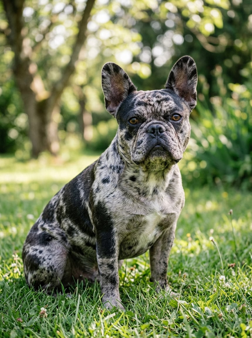 French Bulldog Colors & Genetics: The Complete Guide to Every Coat, Pattern, and Rarity 23 A French Bulldog with a black, gray, and white marbled coat sitting outdoors on grass with trees in the background.
